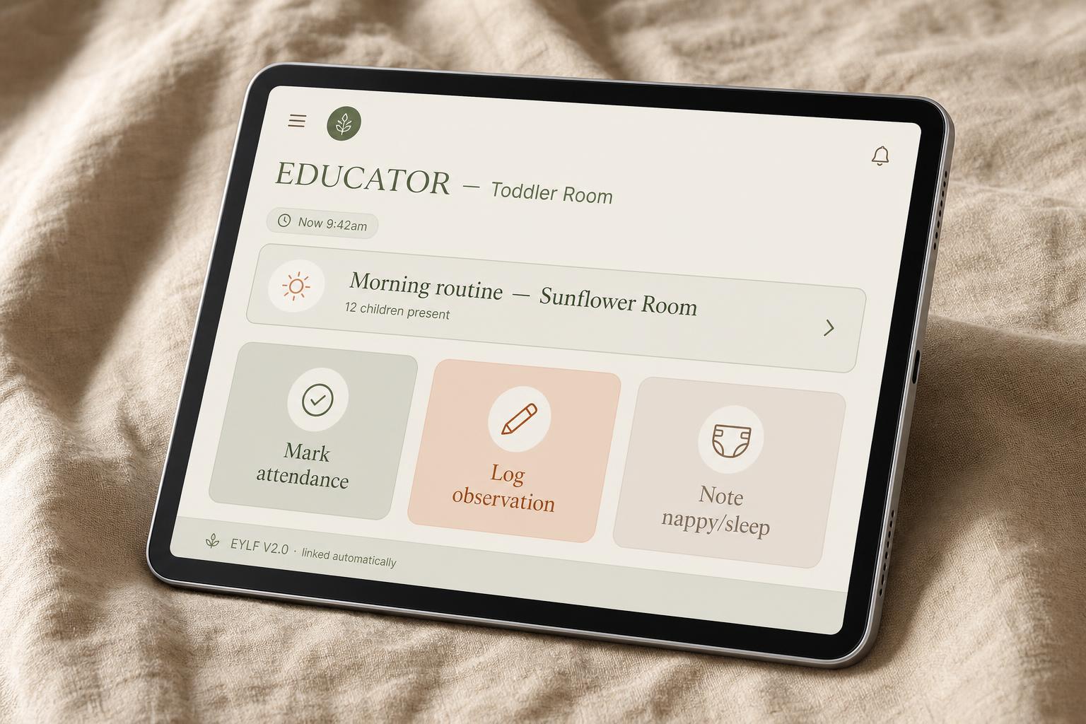 The Simply Safe Connect iPad on a calm room bench — earthy, quiet, in-room.